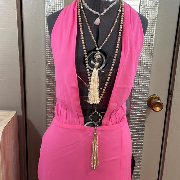 Lulu,s semi sheer halter deep V to waist ,thigh high Slit  covered buttons M - Picture 2 of 12